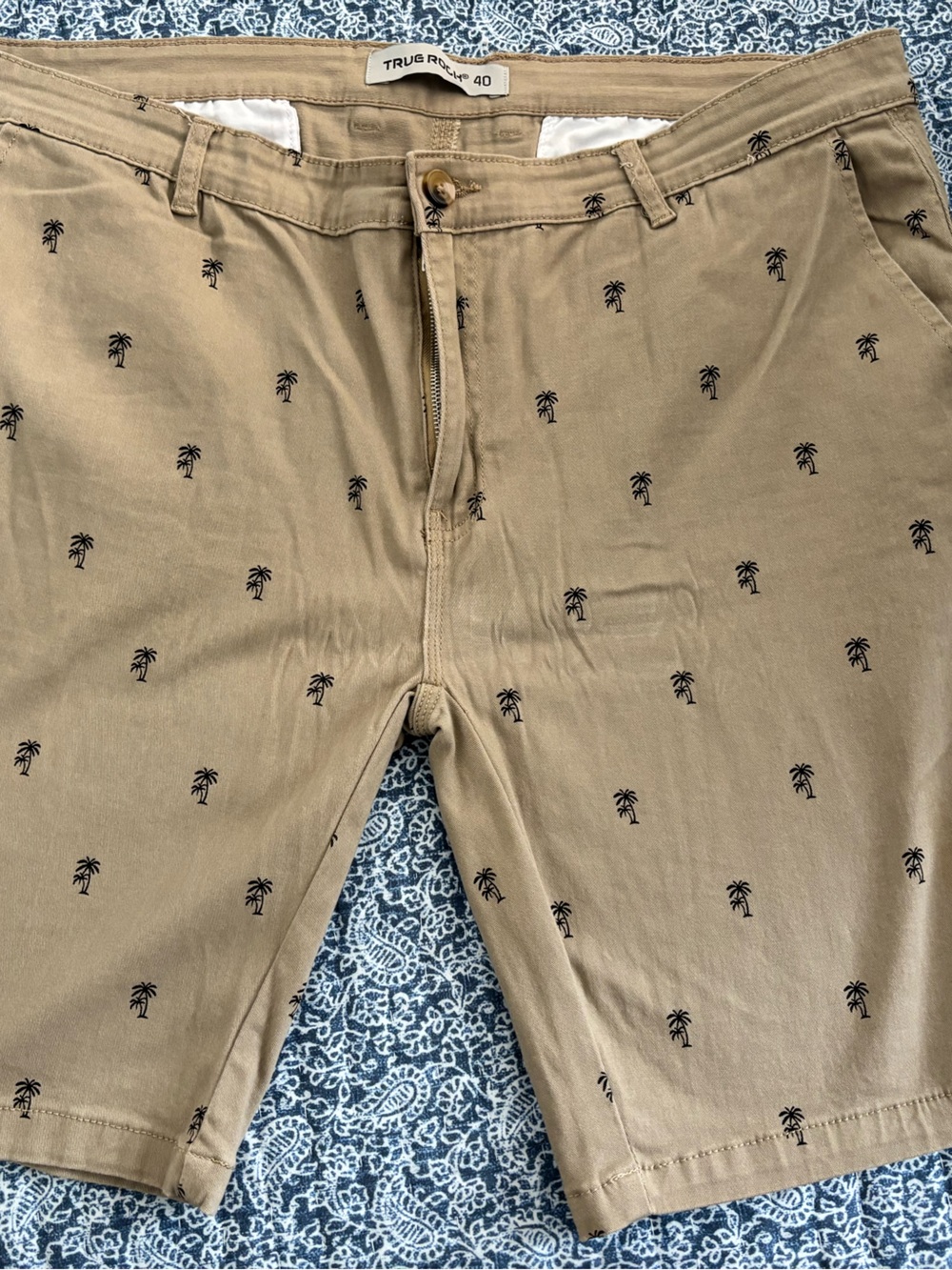 TRUE ROCK Tan Chino Shorts with Black Palm Tree Embroidery